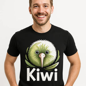 Close-up of the "Crazy Kiwi Lady" white print on a premium Bella+Canvas black kiwis t shirt