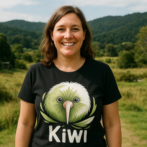 Lifestyle shot of the "Crazy Kiwi Lady" black kiwis t shirt in a real-world setting