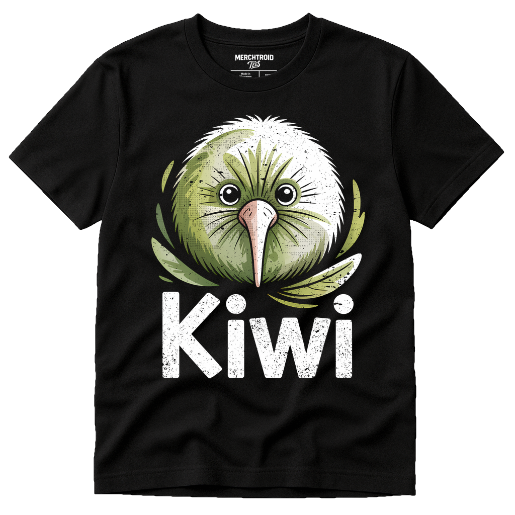 Black Kiwis T Shirt - "Crazy Kiwi Lady" graphic tee with white print, flat lay product photo