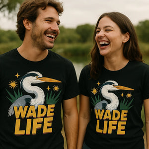 Person wearing the black heron shirts graphic tee - "Wade Life" design