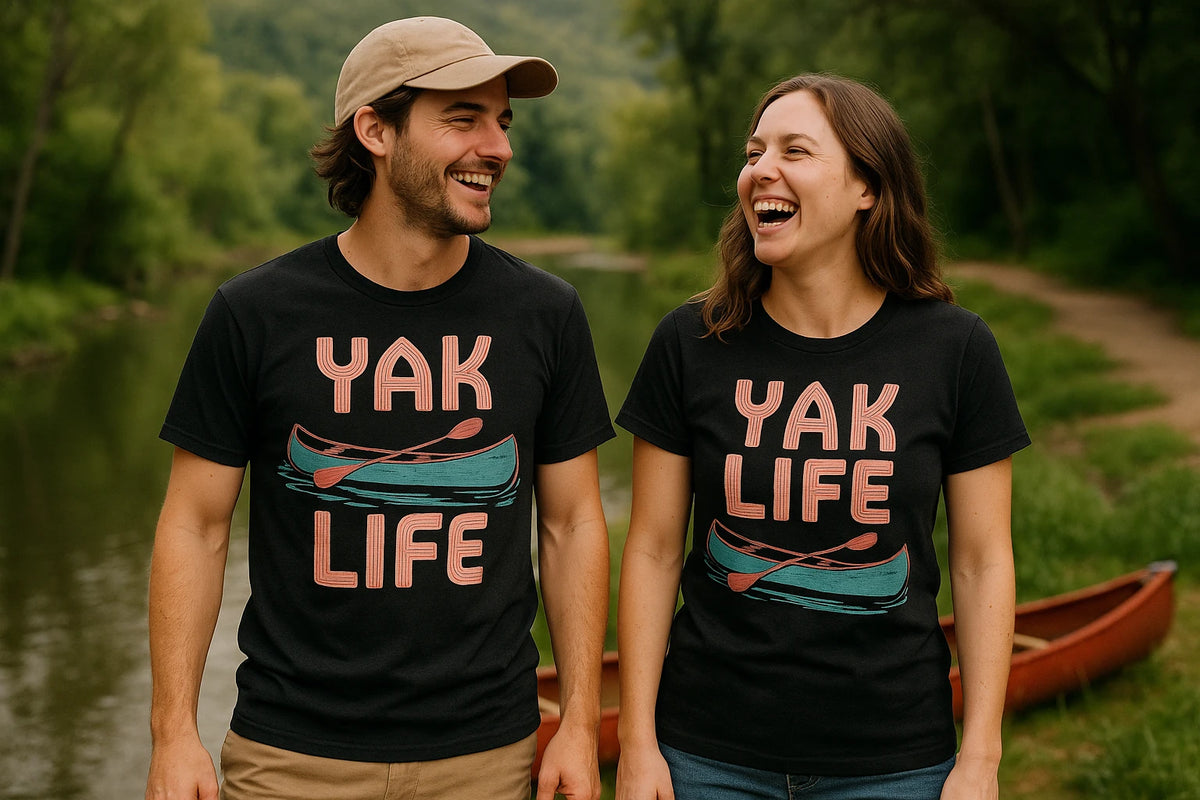 Person wearing the black canoeing t shirt graphic tee - "Yak Life" design