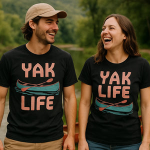 Person wearing the black canoeing t shirt graphic tee - "Yak Life" design