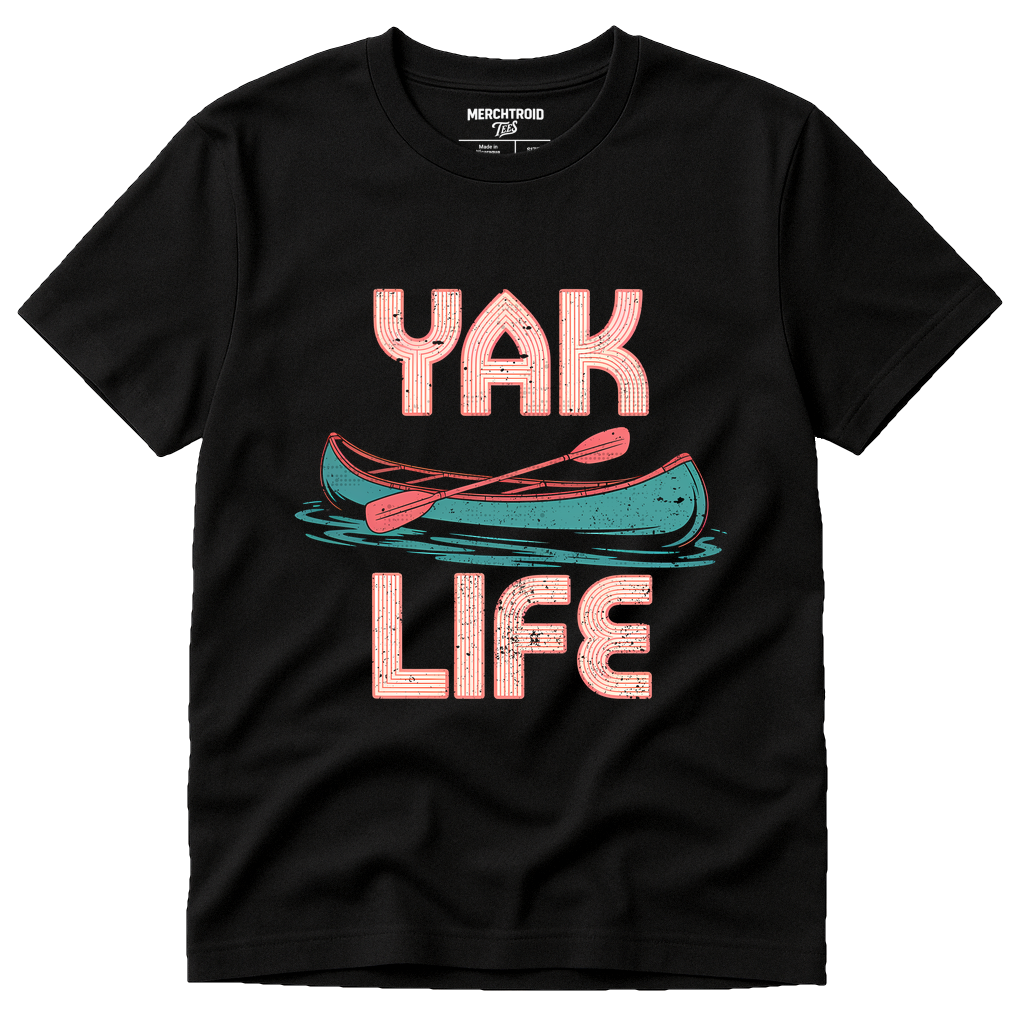 Black Canoeing T Shirt - "Yak Life" graphic tee with beige print, flat lay product photo