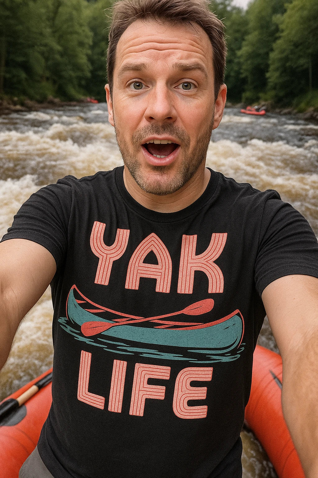 "Yak Life" black canoeing t shirt, photographed as canoeing lover gift