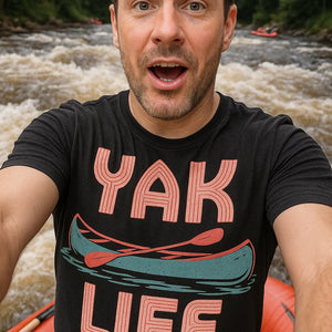 "Yak Life" black canoeing t shirt, photographed as canoeing lover gift