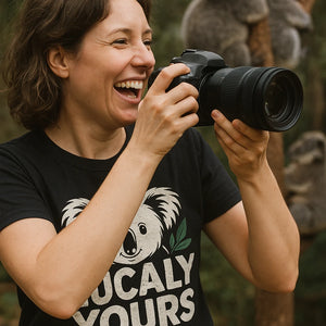 "Eucaly Yours" black koala tee shirts, photographed as best gifts for koala lovers