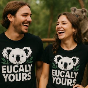 Person wearing the black koala tee shirts graphic tee - "Eucaly Yours" design