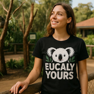 Lifestyle shot of the "Eucaly Yours" black koala tee shirts in a real-world setting
