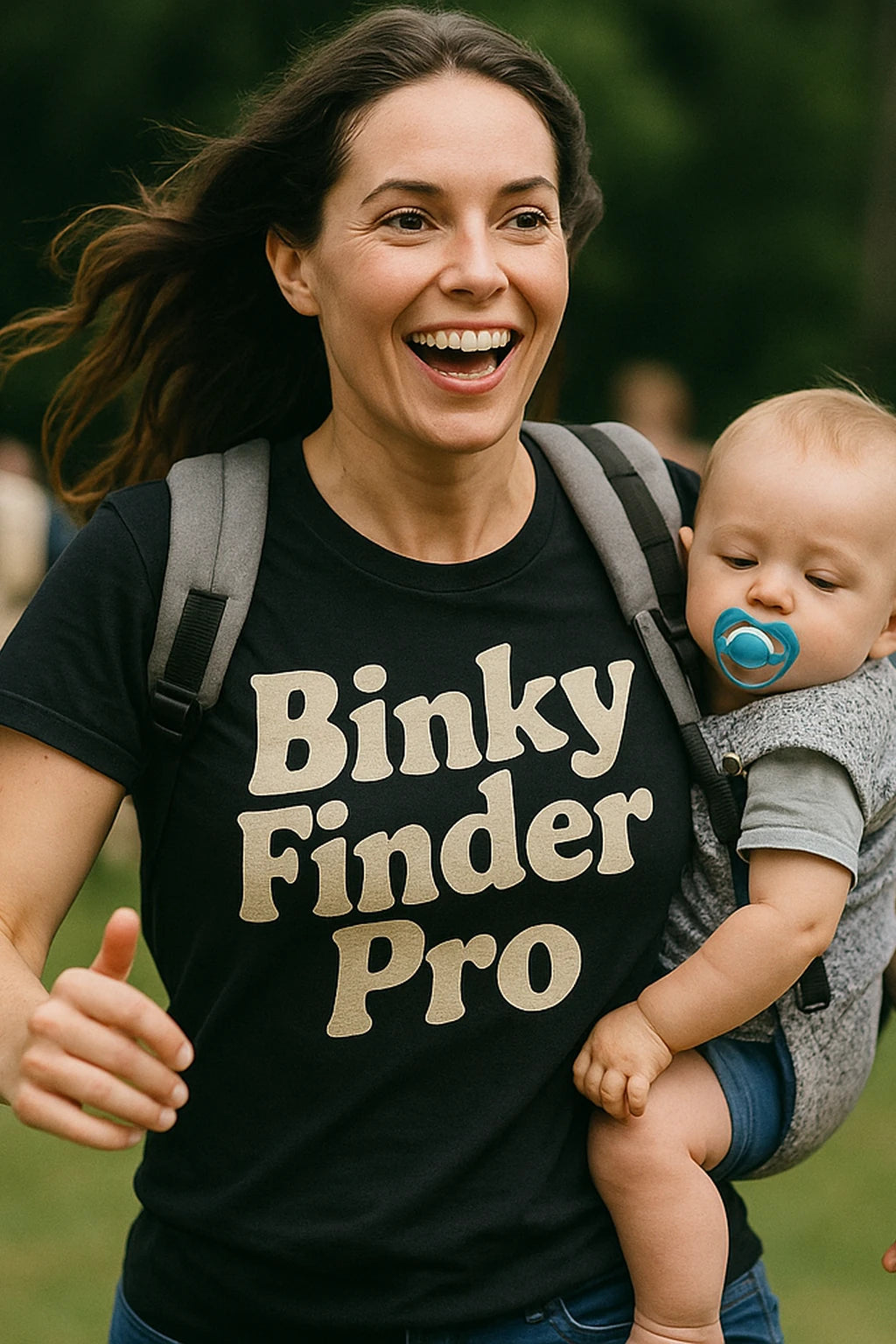 "Binky Finder Pro" black baby gear chaos t shirt, photographed as baby gear chaos lover gift