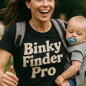 "Binky Finder Pro" black baby gear chaos t shirt, photographed as baby gear chaos lover gift