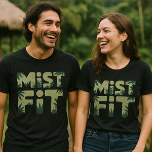 Person wearing the black rainforest t shirt fundraiser graphic tee - "Mist Fit" design