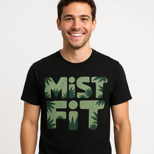 Close-up of the "Mist Fit" gray print on a premium Bella+Canvas black rainforest t shirt fundraiser