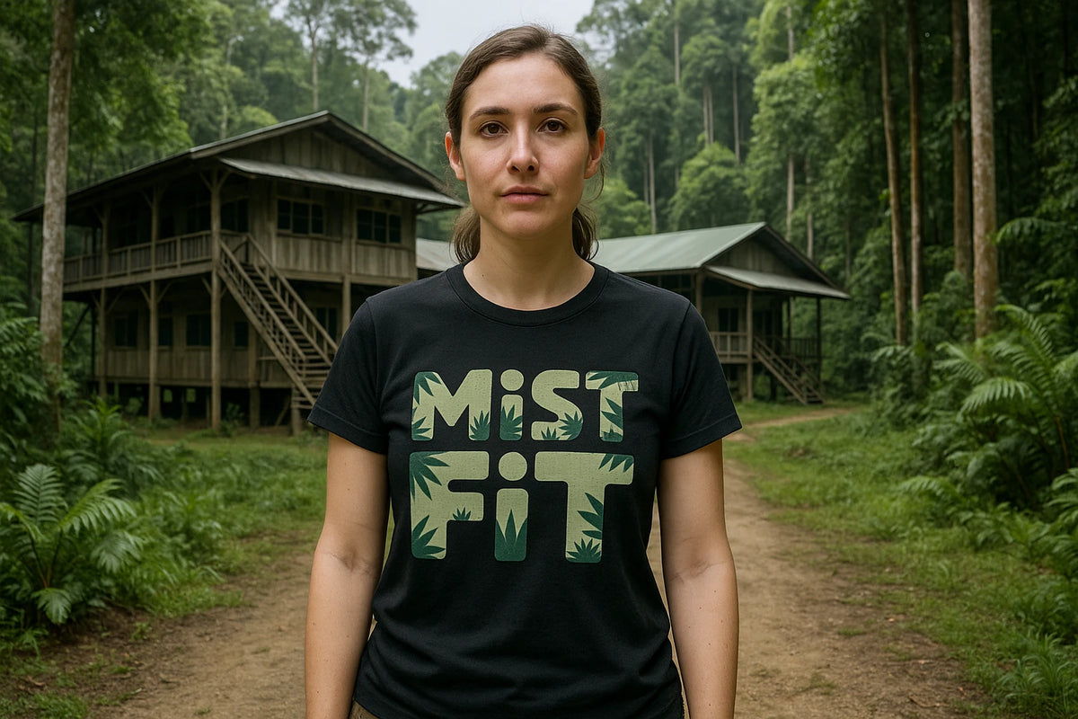 Lifestyle shot of the "Mist Fit" black rainforest t shirt fundraiser in a real-world setting