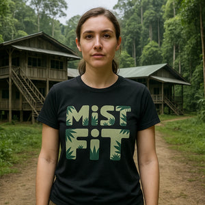 Lifestyle shot of the "Mist Fit" black rainforest t shirt fundraiser in a real-world setting