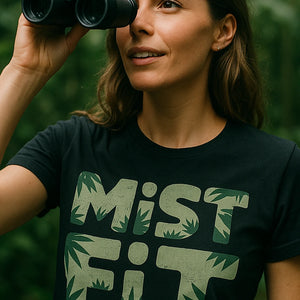 "Mist Fit" black rainforest t shirt fundraiser, photographed as rainforest lover gift