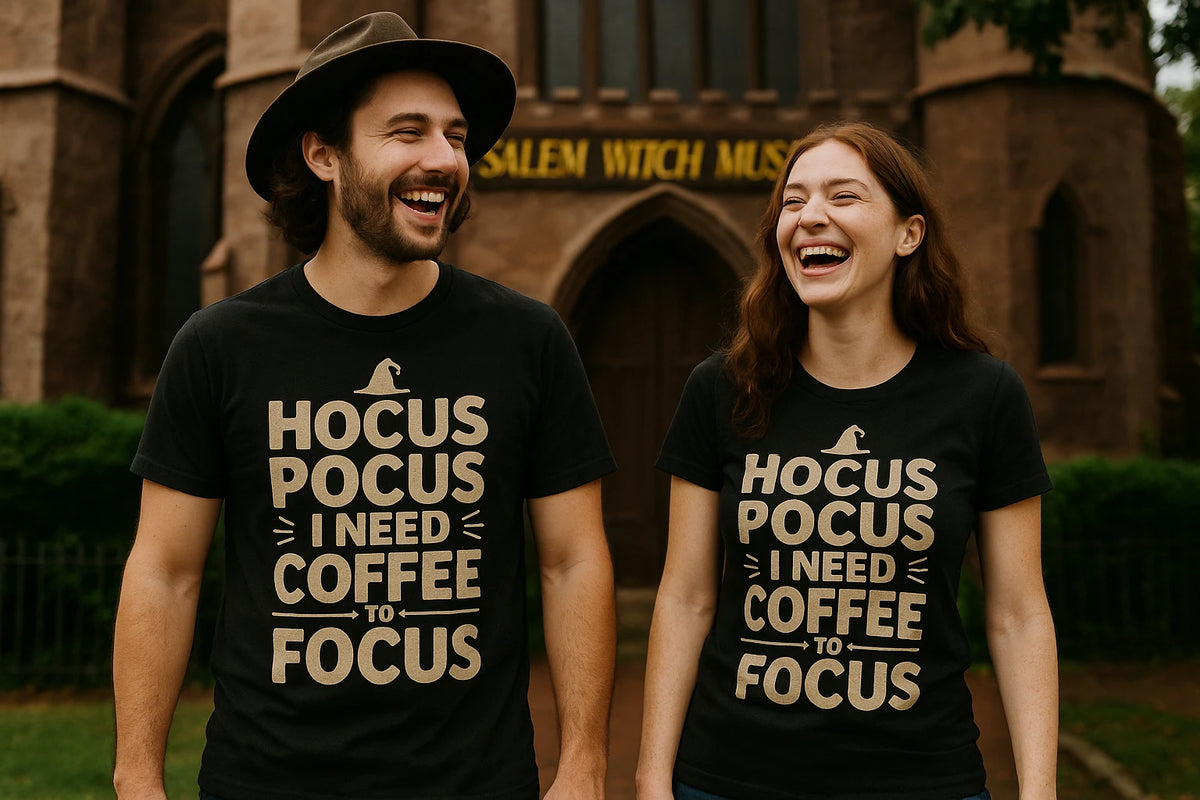 Person wearing the black witch t shirt graphic tee - "Hocus Pocus I Need Coffee To Focus" design