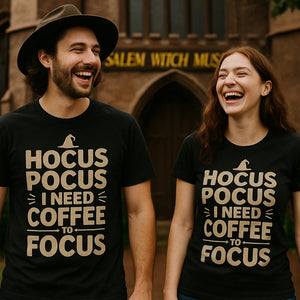 Person wearing the black witch t shirt graphic tee - "Hocus Pocus I Need Coffee To Focus" design