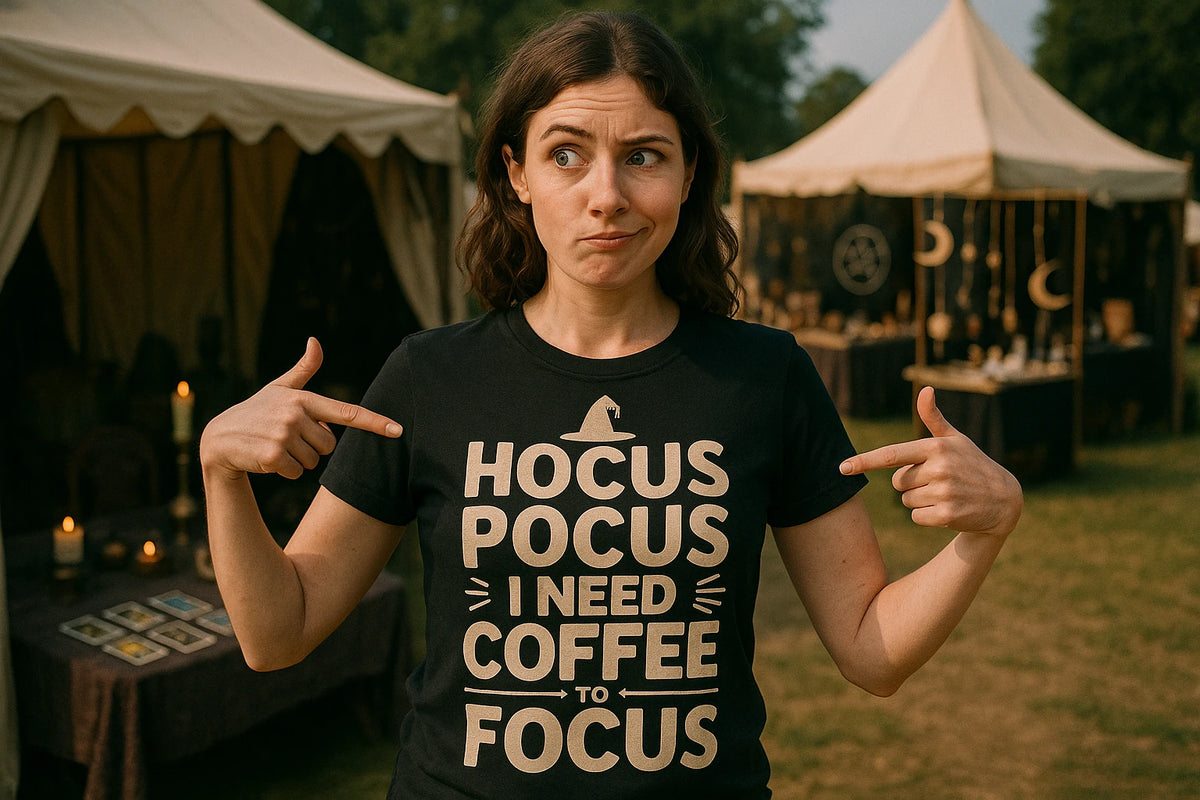 Lifestyle shot of the "Hocus Pocus I Need Coffee To Focus" black witch t shirt in a real-world setting