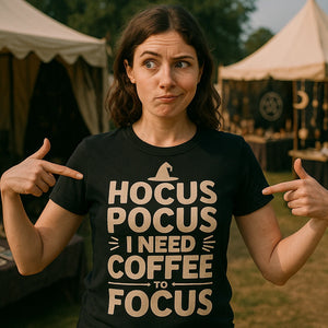 Lifestyle shot of the "Hocus Pocus I Need Coffee To Focus" black witch t shirt in a real-world setting