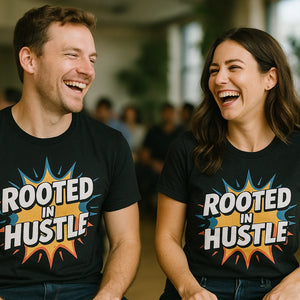 Person wearing the black growth mindset t shirt graphic tee - "Rooted in Hustle" design