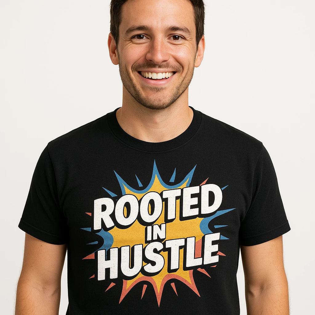 Close-up of the "Rooted in Hustle" gray print on a premium Bella+Canvas black growth mindset t shirt