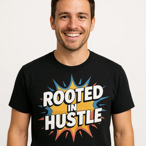 Close-up of the "Rooted in Hustle" gray print on a premium Bella+Canvas black growth mindset t shirt