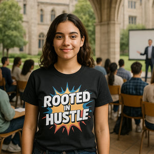 Lifestyle shot of the "Rooted in Hustle" black growth mindset t shirt in a real-world setting