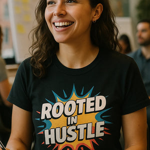 "Rooted in Hustle" black growth mindset t shirt, photographed as growth mindset lover gift