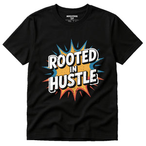 Black Growth Mindset T Shirt - "Rooted in Hustle" graphic tee with gray print, flat lay product photo