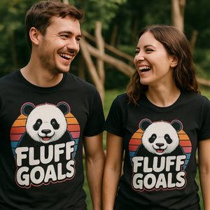 Person wearing the black panda shirts graphic tee - "Fluff Goals" design