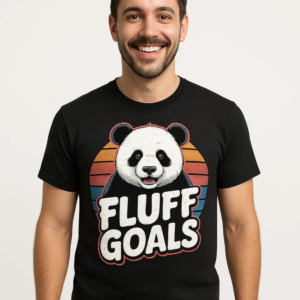 Close-up of the "Fluff Goals" white print on a premium Bella+Canvas black panda shirts