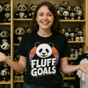 Lifestyle shot of the "Fluff Goals" black panda shirts in a real-world setting