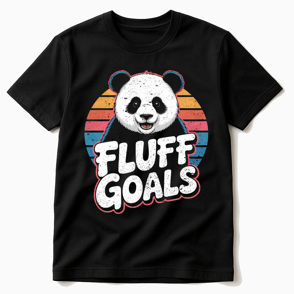 Black Panda Shirts - "Fluff Goals" graphic tee with white print, flat lay product photo