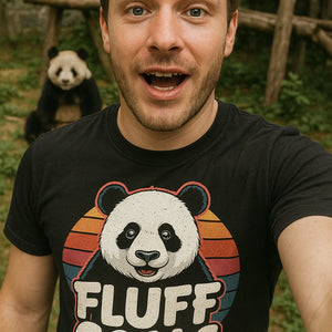 "Fluff Goals" black panda shirts, photographed as presents for panda lovers