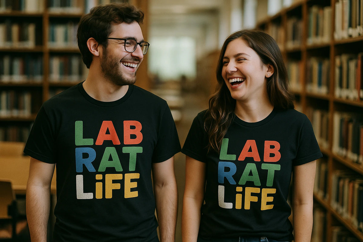 Person wearing the black studying t shirt graphic tee - "Lab Rat Life" design