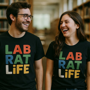 Person wearing the black studying t shirt graphic tee - "Lab Rat Life" design