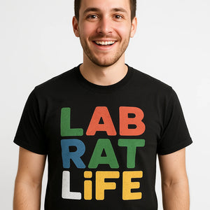 Close-up of the "Lab Rat Life" gold print on a premium Bella+Canvas black studying t shirt