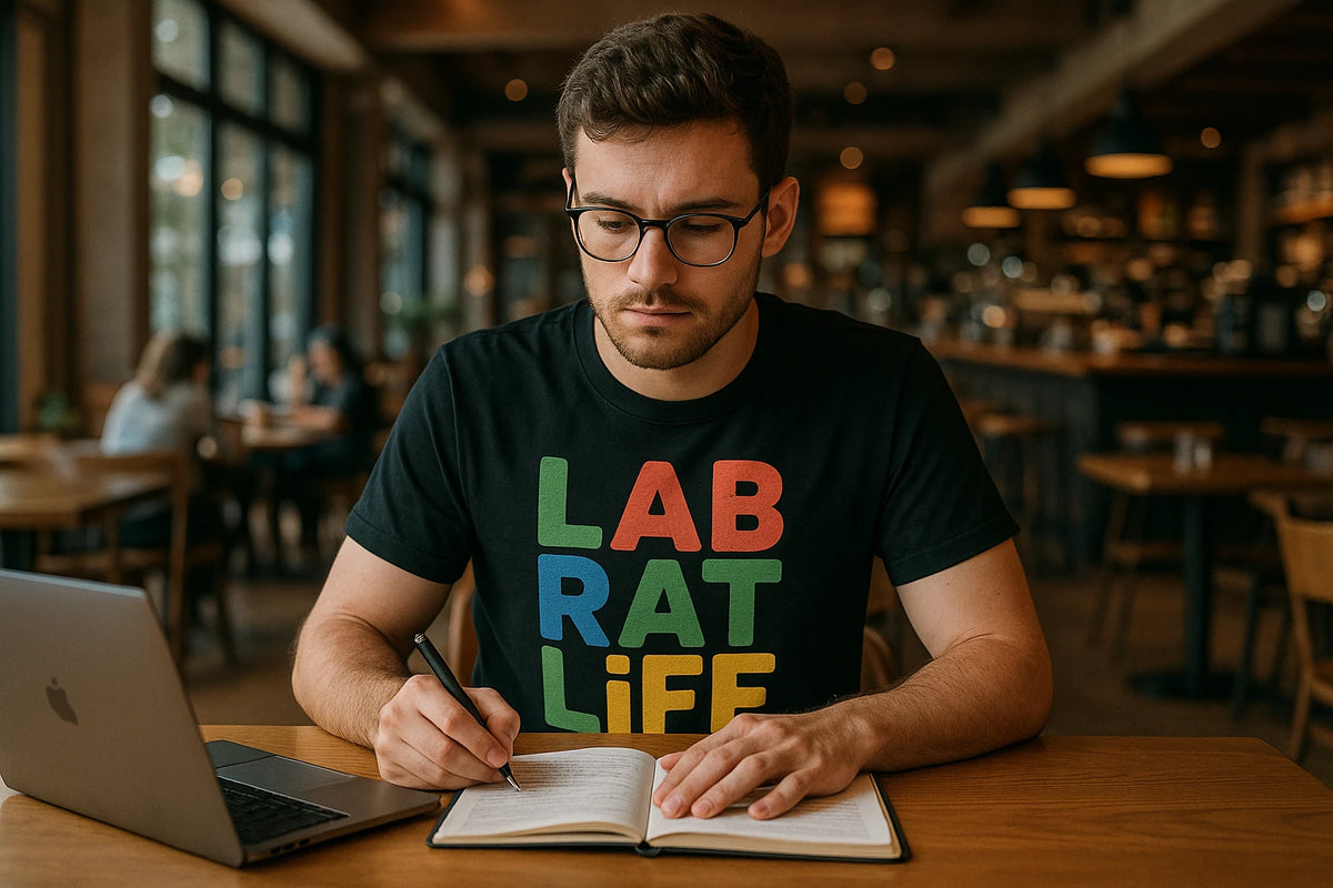 Lifestyle shot of the "Lab Rat Life" black studying t shirt in a real-world setting