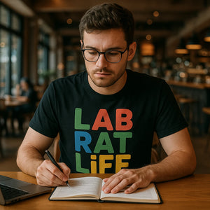 Lifestyle shot of the "Lab Rat Life" black studying t shirt in a real-world setting