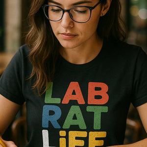 "Lab Rat Life" black studying t shirt, photographed as studying lover gift
