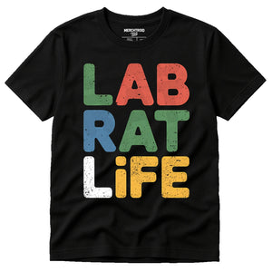 Black Studying T Shirt - "Lab Rat Life" graphic tee with gold print, flat lay product photo