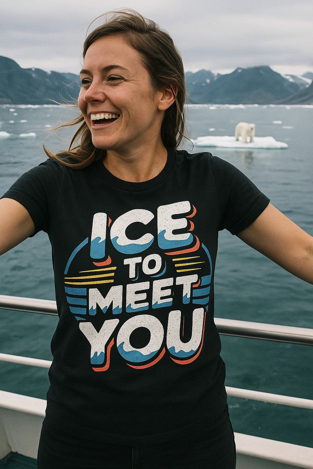 "Ice To Meet You" black polar bear tee shirts, photographed as gifts for polar bear lovers