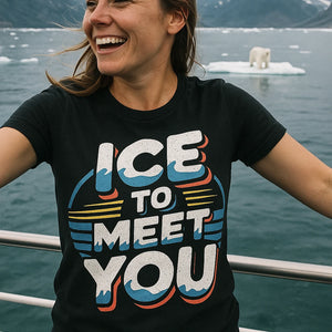 "Ice To Meet You" black polar bear tee shirts, photographed as gifts for polar bear lovers