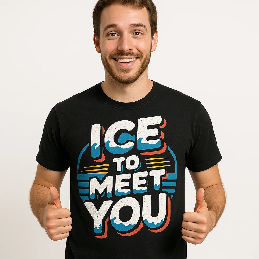 Close-up of the "Ice To Meet You" white print on a premium Bella+Canvas black polar bear tee shirts