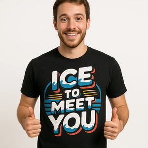 Close-up of the "Ice To Meet You" white print on a premium Bella+Canvas black polar bear tee shirts