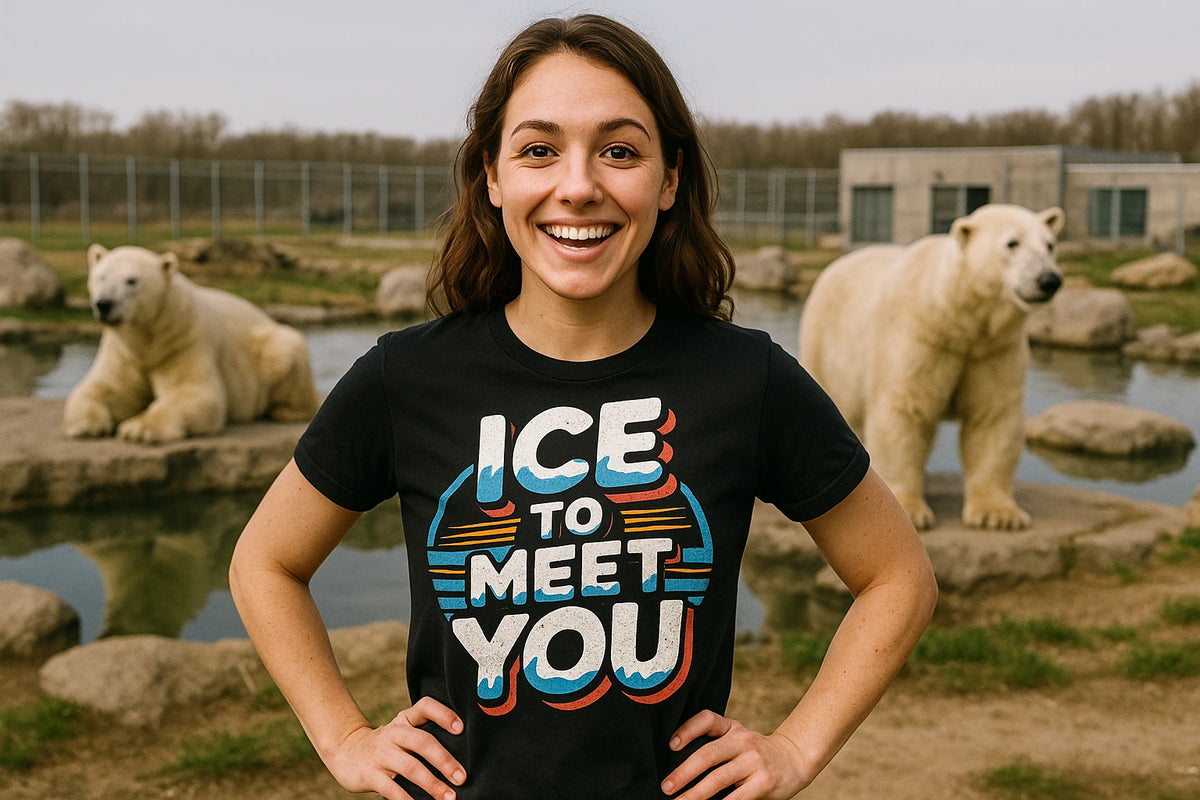 Lifestyle shot of the "Ice To Meet You" black polar bear tee shirts in a real-world setting
