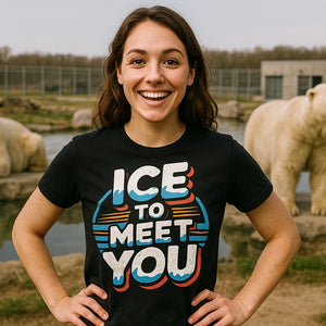 Lifestyle shot of the "Ice To Meet You" black polar bear tee shirts in a real-world setting