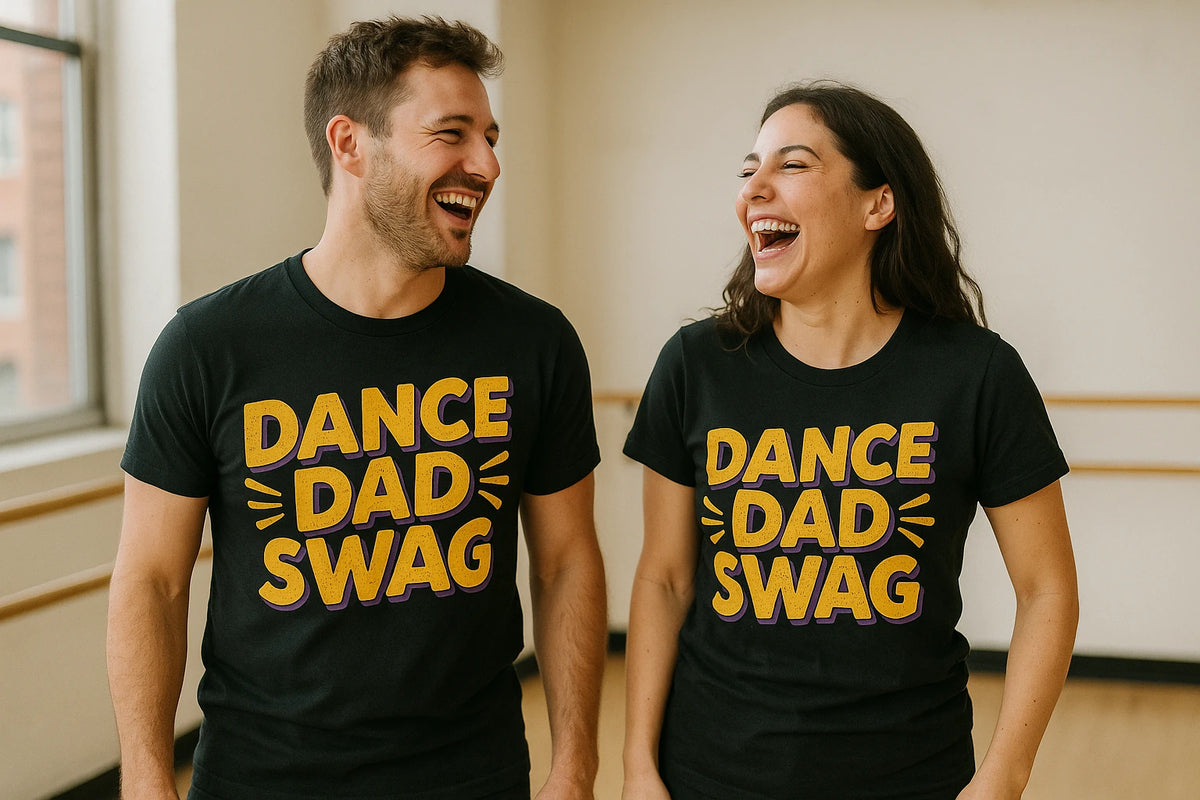 Person wearing the black dance dad t shirt graphic tee - "Dance Dad Swag" design