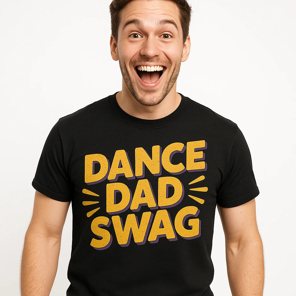 Close-up of the "Dance Dad Swag" yellow print on a premium Bella+Canvas black dance dad t shirt