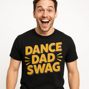 Close-up of the "Dance Dad Swag" yellow print on a premium Bella+Canvas black dance dad t shirt